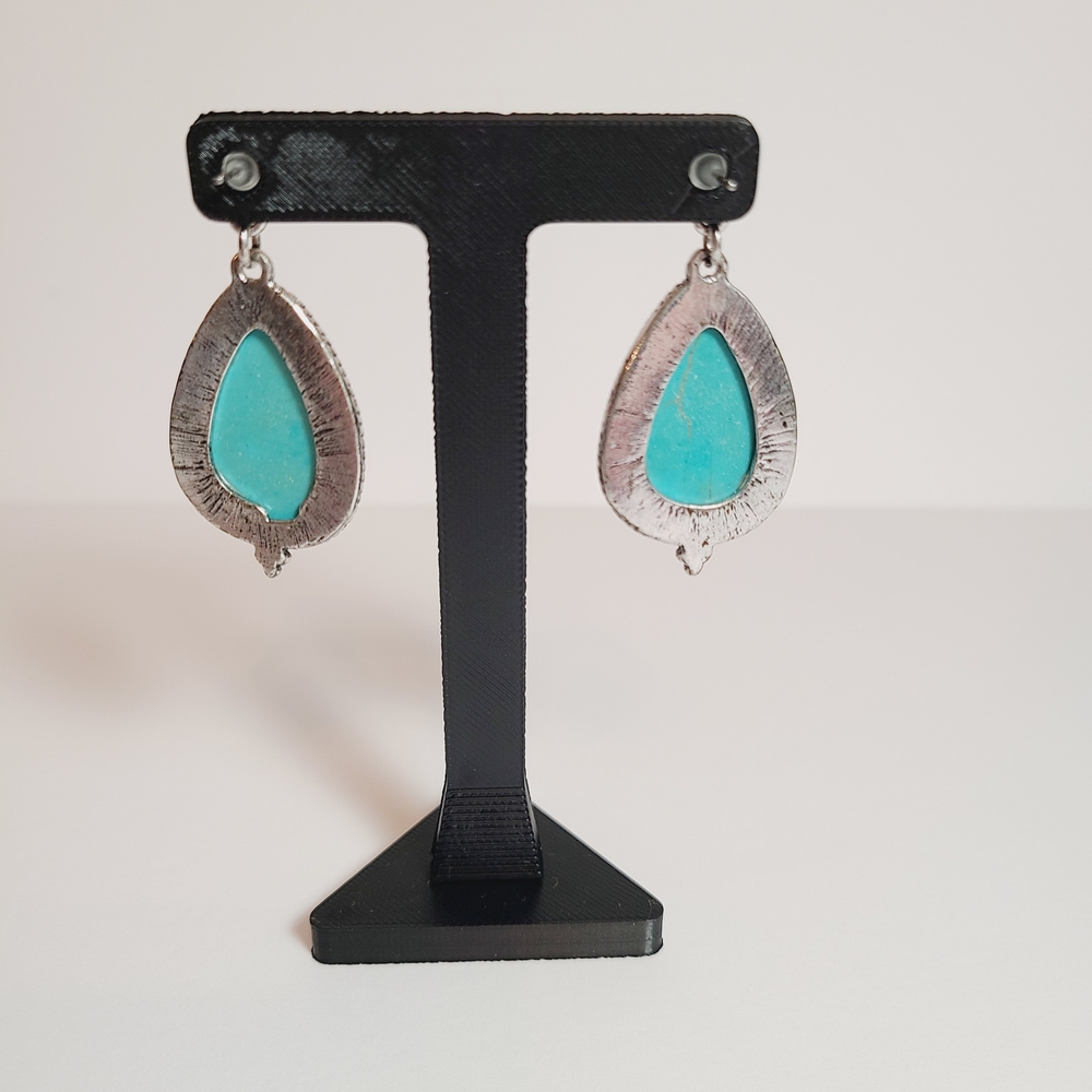 Turquoise Teardrop Silver Tone Earrings - Picture 4 of 7